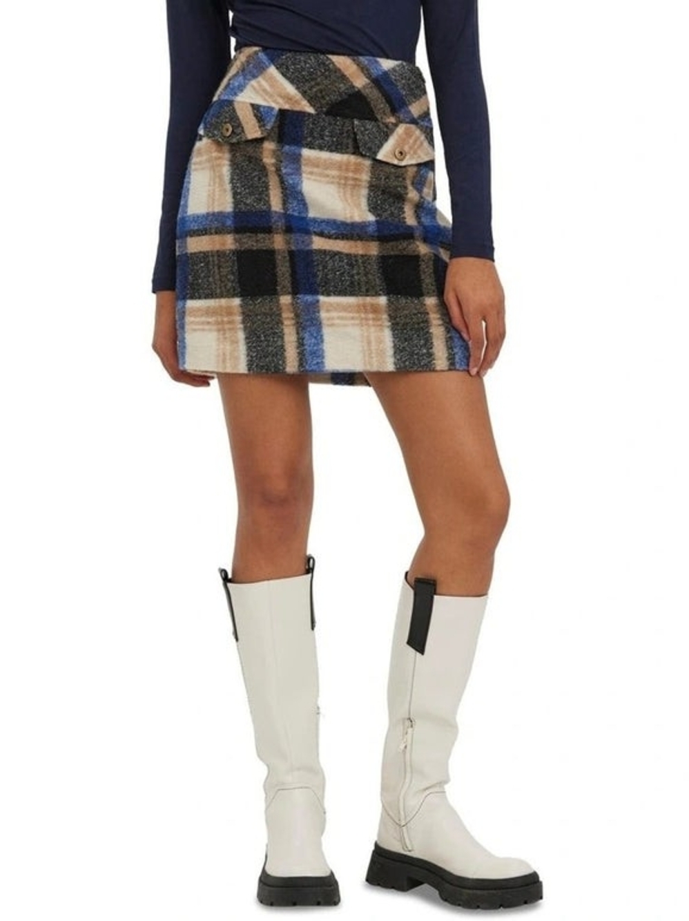 Vero Moda Wool Blend Plaid Mini Skirt Blue & Cream